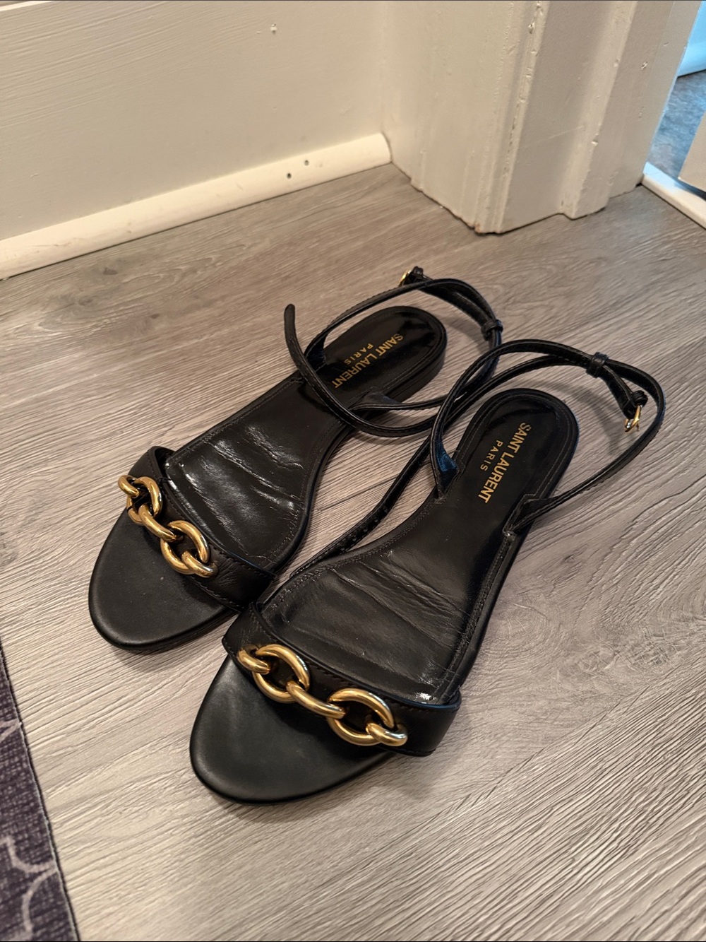 Saint Laurent Black Leather Slingback Sandals with Gold Chain